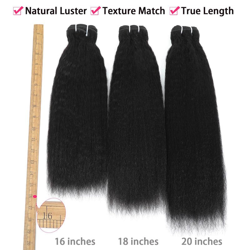 Kinky Straight Bundles Human Hair Yaki Straight Bundles 100% Unprocessed Brazilian Virgin Remy Hair for Black Women Natural Black Color (16 inch)