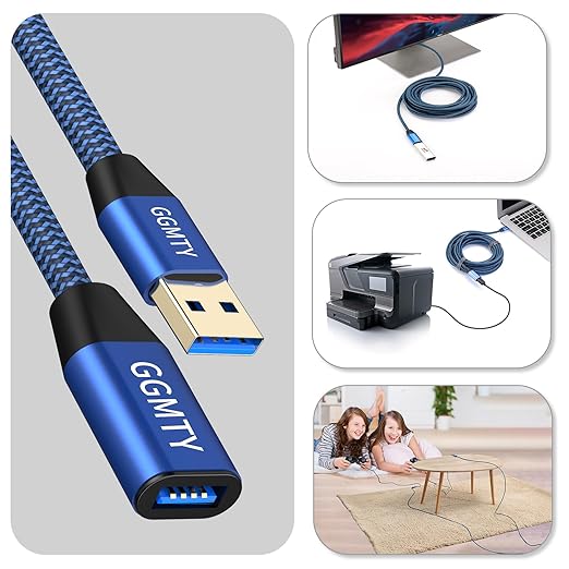 GGMTY USB 3.0 Extension Cable 6FT, Type A Male to Female Extender Cord, 5Gbps High Speed Data Transfer with 24/28 AWG Copper, Blue-Black Braided Long Sync Wire for VR, TV, Webcam, Flash Drive, PC