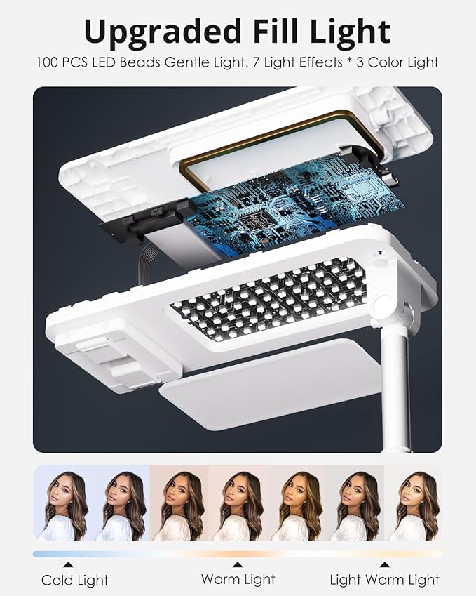 SupeDesk Phone Stand for Recording, Overhead Phone Mount with Light, Selfie Stand,Portable,Extendable,360° Rotate,Adjustable,Wireless Remote,Rechargeable, for 3.5-6.9" Phones, Live Streaming, White