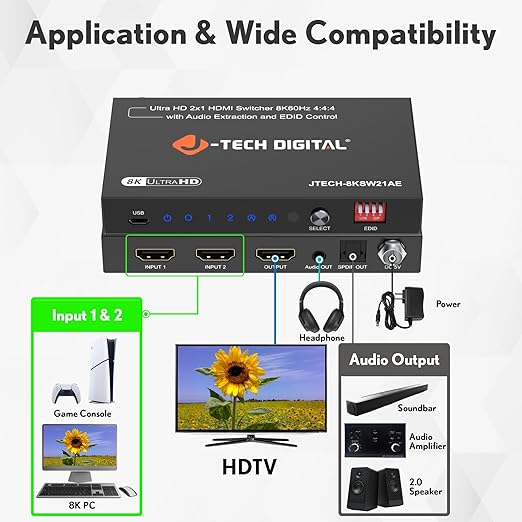 J-Tech Digital 8K HDMI Switch 2 in 1 Out 8K@60Hz 4K@120Hz 1080P@240Hz, HDMI Audio Extraction to Optical & 3.5mm, HDR HDCP 2.3 EDID Control, Compatible with PS5 PS4 Xbox Switch Apple TV Roku Fire TV