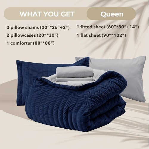 HYMOKEGE Queen Comforter Set - Luxury 7-Piece Bedding in Navy Blue & Light Grey | All-Season Seersucker Design