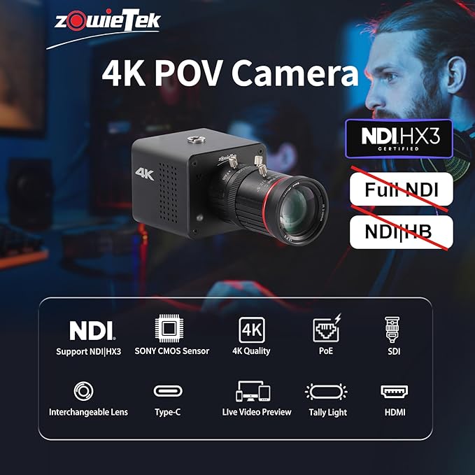 zowietek 4K Native NDI|HX3 POV Box Camera PoE, ZowieCAM, SDI & HDMI & UVC Output, Standalone RTSP/RTMP(s)/SRT Live Streaming, Ultra-Compact, Interchangeable Lens, PC/Mobile Phone/Tablet Control (CS)