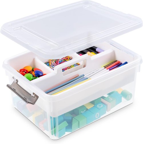 Citylife 17 QT Clear Plastic Storage Bin - Stackable Latching Box with Removable Tray | Orange