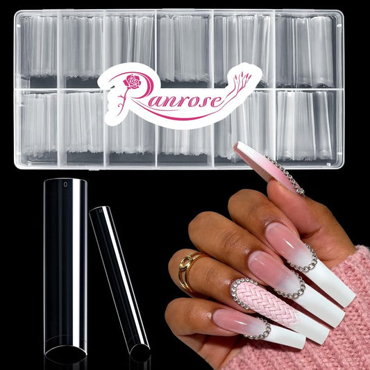 Ranrose 600PCS Clear Extra Long Nail Tips for Acrylic Nails Professional, No C Curve Gel Tips 12 Size XXXL Pre-shaped Half Cover Fake Nail for Press On Nail Extensions