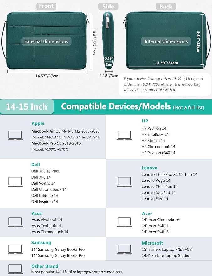 HYZUO 14-15 Inch Laptop Sleeve Bag for MacBook Air 15 M5 A3448 M4 M3 M2 2026-2023, MacBook Pro 15, 15" Surface Laptop, XPS 14/15 Plus, NoteBook Case for 14" HP Dell Lenovo Asus Acer, Dark Green