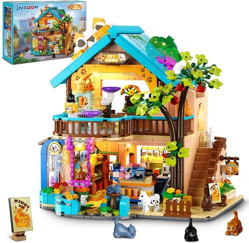 INSOON City Pet Shop Building Set - Cozy Pet Store Construction Toy with Lights & Miniature Animals | Ages 8+