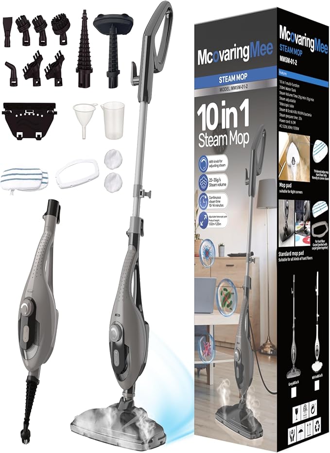 11-in-1 Steam Mop, 1550W Powerful Handheld Steam Cleaner, 260Â°F Multi-Functional Floor Steamer with 21.3FT Cord for Floors, Hardwood, Tiles, Grout, Windows, Kitchen, Bath, Adjustable (Grey)