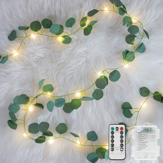 Suddus Eucalyptus Garland String Lights - 33ft 100 LED Battery Operated with Remote | Warm White Decor for Bedroom, Garden, Party, Wedding