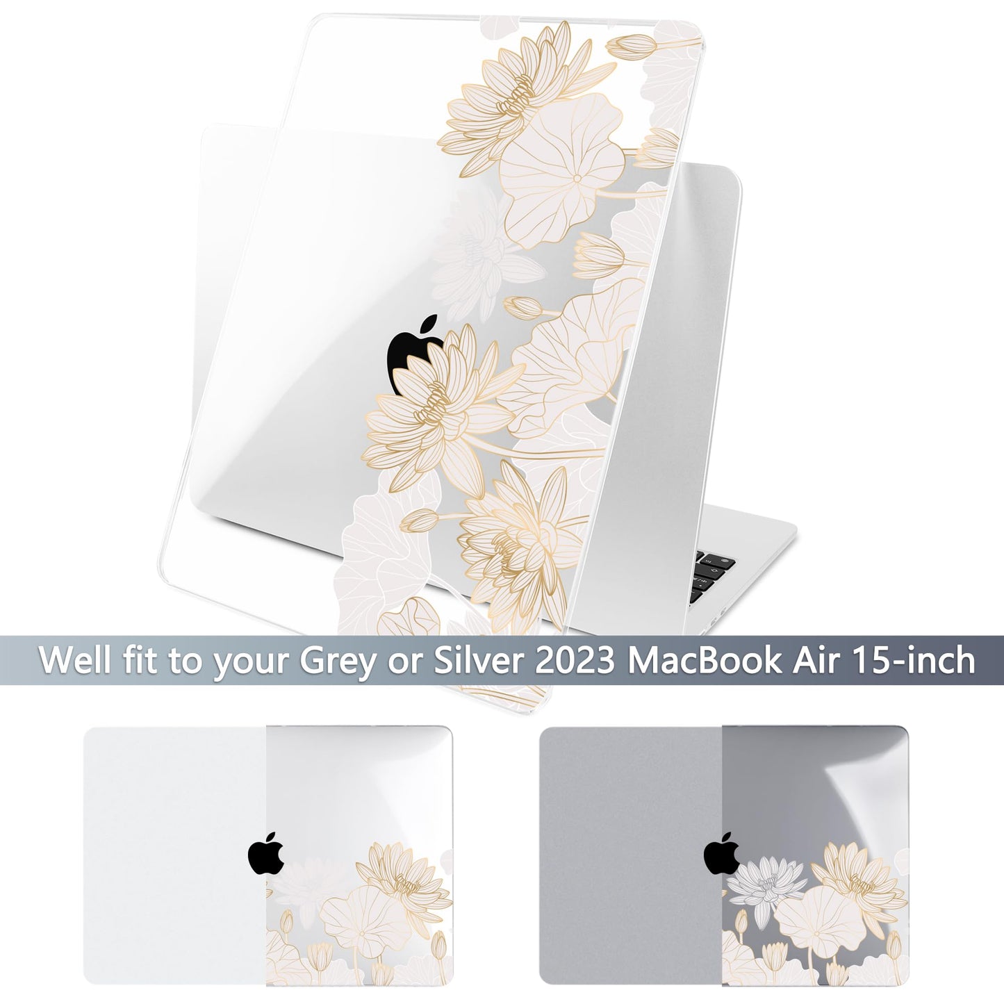 Batianda Premium Case for New MacBook Air 15 inch with M5 M4 M3 M2 Chip 2026 2025 2024 2023 Release, Designed Ultra-Slim Hardshell & Keyboard Cover & Screen Protector 4-in-1 Bundle, Gold Lotus