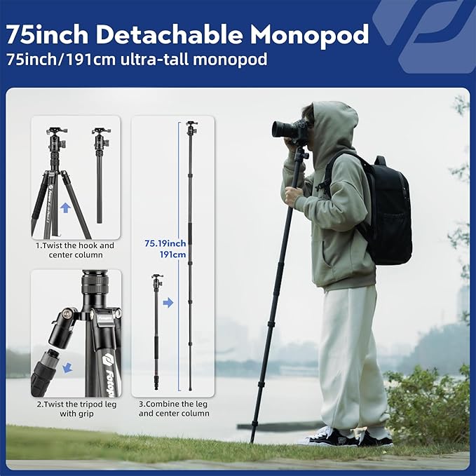 Fotopro 73"/185cm Carbon Fiber Travel Tripod for Camera, 360° Panorama Ball Head, Arca Quick Release Plate, Portable Bag, Compact Travel Tripod Monopod for DSLR Camera Camcorder, Load up to 22lbs/10kg