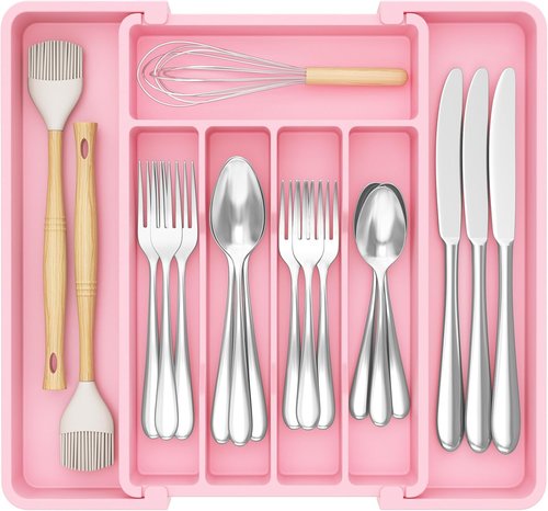 Lifewit Expandable Silverware Organizer - BPA-Free Utensil Tray for Kitchen | Adjustable 8.5"-14.1" x 12.1", Pink