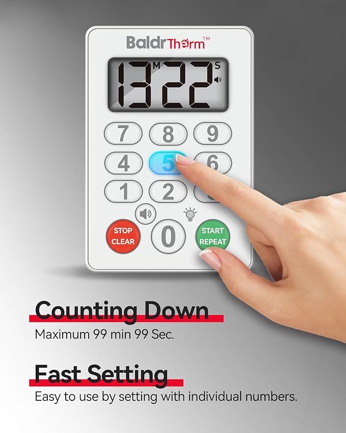 BaldrTherm Digital Kitchen Timer Waterproof, Strong Magnetic Cooking Timer with 3 Adjustable Volume Levels & Silent Flashing Light, Countdown Timer for Cooking, Baking Shower, Classroom, White
