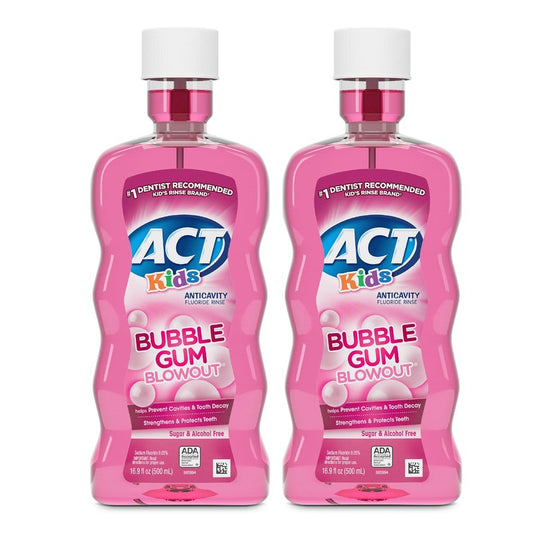 ACT Kids Anticavity Fluoride Mouthwash, Sugar & Alcohol Free Mouth Rinse Strengthens Teeth, Bubble Gum Blowout, 16.9 fl. oz., 2pk