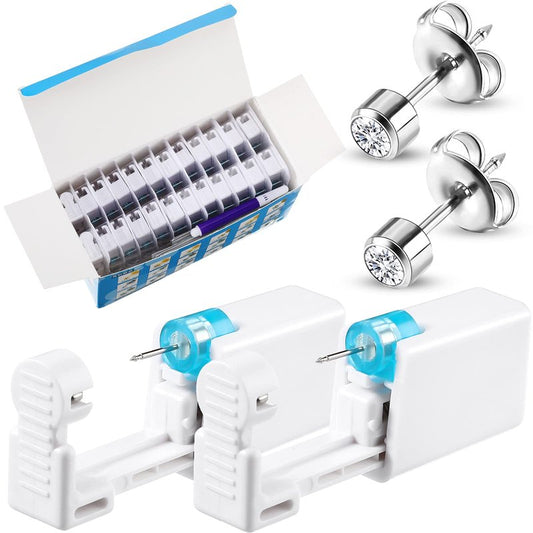 Chumia 24 Pieces Self Ear Piercing Tool Disposable Kit Household Ear Piercing Tools Safety Portable Nose Tools with 24 Pieces Crystal Earring Studs(Silver Earring)
