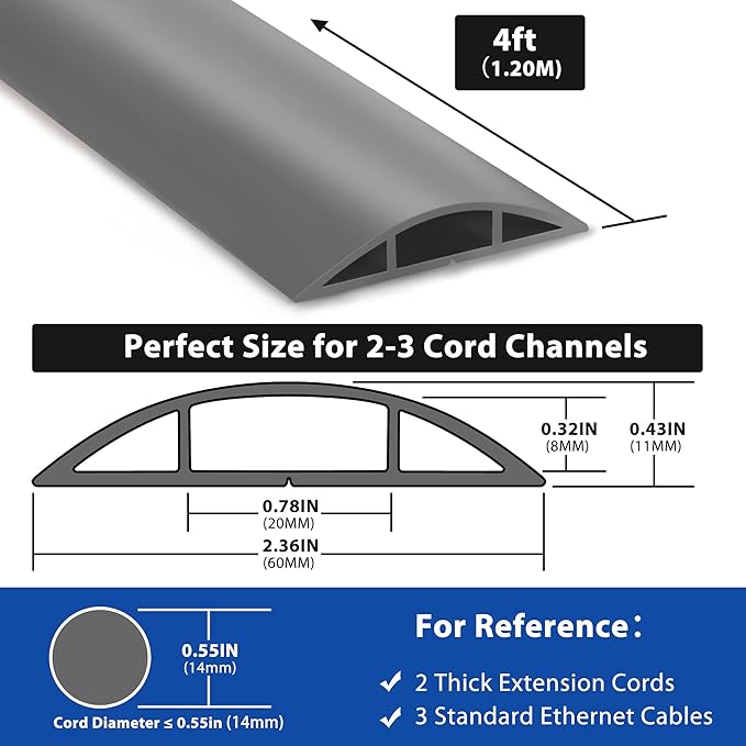 LZEOY 4ft Cord Cover for Wires on Floor, Grey Extension Cable Management, Hide Electrical Hider Protector, Cable Cavity: 0.78" W x 0.32" H