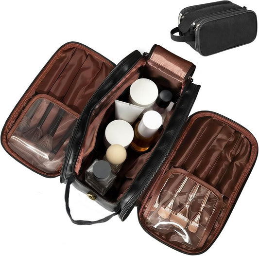 Large Capacity 3-Tier Cosmetic Makeup Bag - Double Zipper Travel Organizer for Makeup & Toiletries | Black