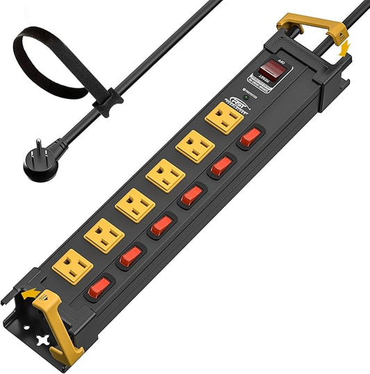 CRST 6-Outlet Heavy Duty Metal Power Strip with Individual Switches, 15A/1875W Wide-Spaced for Bulky Plugs, 6FT Cord with Cable Management, 1020J Surge Protector for Garage, Workshop, Home