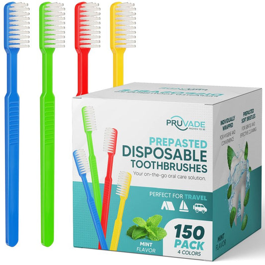 Pruvade 150 Pack Disposable Toothbrushes with Toothpaste, Built in | Prepasted Toothbrushes Individually Wrapped | Single Use Waterless Tooth Brush Soft Bristles for Airbnb, Hotel, Camping, Travel