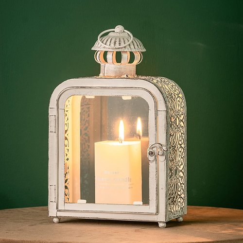 Decorkey Vintage Metal Candle Lantern - Decorative Indoor & Outdoor Tabletop/Hanging Holder | Clear Glass, White Finish