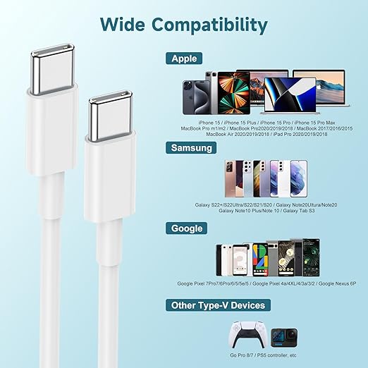 60W USB C to USB C Cable [3Pack] iPhone 17 16 15 Fast Charging Cable,10ft Long USB-C to USBC Power Cord for iPhone 17/16/15 Pro Plus Pro Max, MacBook Pro Air/IPad /iPad Pro 12.9/11,AirPods 4(White)