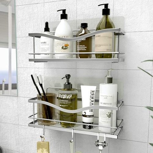 KINCMAX Premium Shower Caddy, Self Adhesive Wall Shower Organizer, 2-Pack No Drill Bathroom Shelves, Rustproof Stainless Steel Shampoo Holder, Storage Rack, Silver