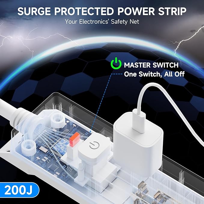 [2-Pack] 10 Ft Power Strip Surge Protector with USB Ports, Flat Plug Extension Cord, 5 AC Outlets and 3 USB Charging Ports, Wall Mountable – White for Home, Office, Dorm
