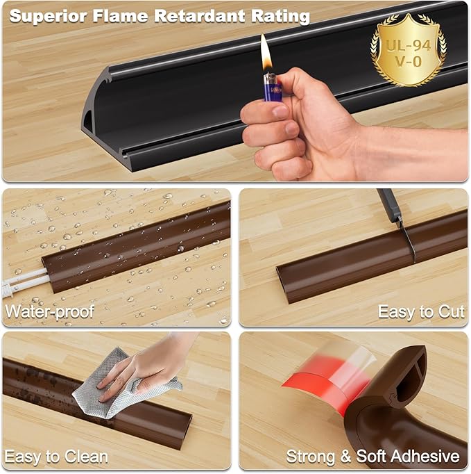 Kneelisa 6FT Side-Open Extension Cord Covers for Wires on Floor,Silicone Power Cable Protector Cord Hider Management Strip,Hide Electric Wire on Carpet,Chord Runner Protective Safety,Brown