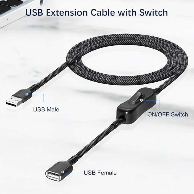 Itramax USB On Off Switch Cable,USB Extension Cable Support Data and Power 6.6FT/2M,Inline Power Switch,Male to Female with Toggle Switch for LED Lamp,LED Light Strips,Driving Recorder
