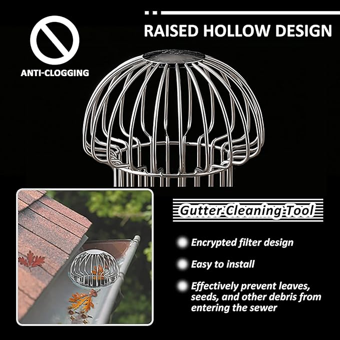 Gutter Guard 304 Stainless Steel Outdoor Roof Drain Anti-Blocking Line Cap, Mushroom Type Drainage Gutter Guard Filter, Gutter Cleaning Tool, for Stops Leaves Seeds and Other Debris,3in