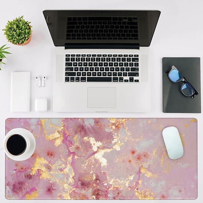 NIYLYNSYN Mouse Pad Large Pink and Gold Marble Non-Slip Gaming Desk Mat with Stitched Edge Laptop Keyboard Desk Pad for Work Home Gaming (35.4 x 15.7 Inches)