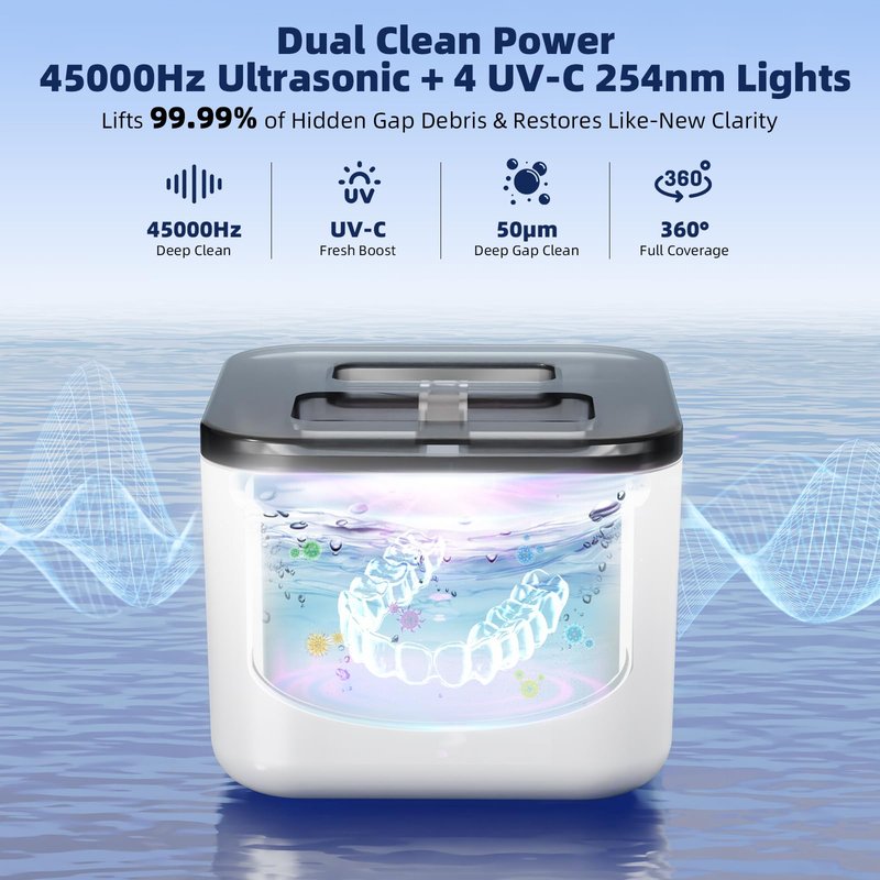 Ultrasonic Retainer Cleaner Machine, Denture Cleaner for Aligners Night Guards Braces Mouth Guards Toothbrush Heads，All-in-One Dental & Jewelry Cleaner, 45kHz 200ML, Dual Modes