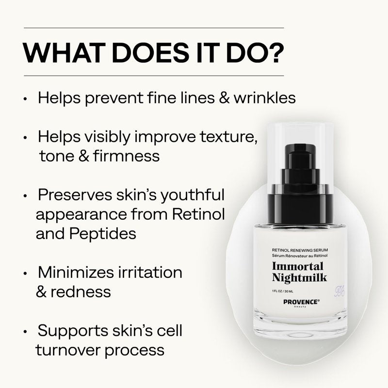Provence Beauty Immortal Nightmilk Retinol Renewing Face Serum – A Gentle 0.5% Retinol with Niacinamide & P5 Peptide – Smooths Texture, Improves Tone & Firms Skin – 1 fl oz