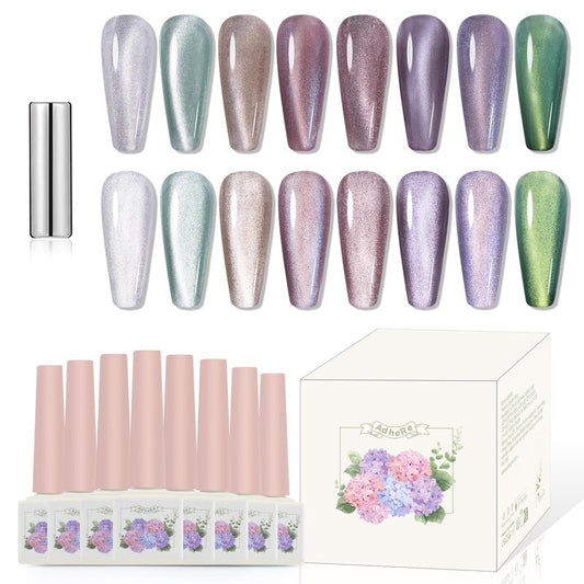 ADHERE 12ml 8pcs Magnetic Cat Eye Gel Nail Polish Kit with Magnetic Stick - Blue Purple Green Mint Silver White Glitter Shining Nail Gel Polish Magnetic Gel Nail Varnish Gel Gift for Women