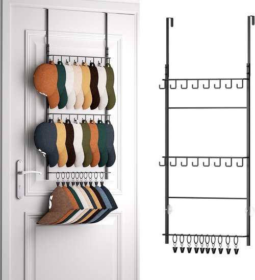 HapiRm Over Door Hat Rack - 3-Tier Organizer with 16 Hooks & 10 Movable Clips | Holds Up to 26 Caps