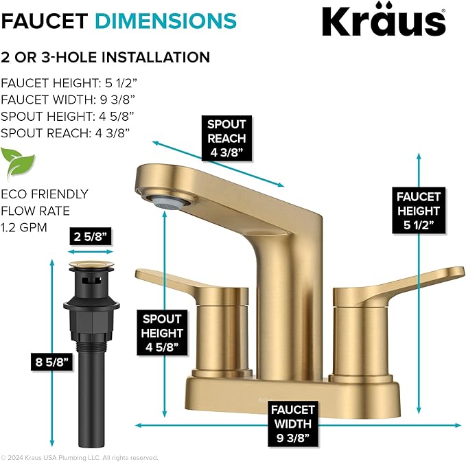 KRAUS Indy Centerset Bathroom Faucet in Spot-Free Brushed Brass with 2 Handles, Pop Up Drain and Supply Lines, FUS-14102SFBB