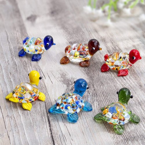 H&D Hyaline & Dora Mini Sea Turtle Glass Figurines - Handmade Art Set of 6 Colorful Ocean Decor