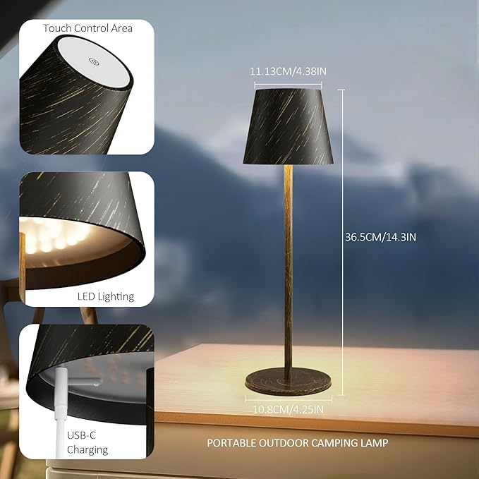 irotine 2-Pack Copper Cordless Table Lamp,Rechargeable LED Desk Lamp,5000mAh Battery Operated Lamp,3000K Warm Light Stepless Dimming,IP54 Waterproof Portable Table Light for Restaurant/Camping,Copper