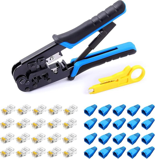 Delgada RJ45 Crimp Tool, Ethernet Crimper for RJ-11,6P/RJ-12,8P/RJ-45 Crimp, with 20pcs Cat5 Cat5e RJ-45 Connectors-20PCS Covers-1 Network Wire Stripper