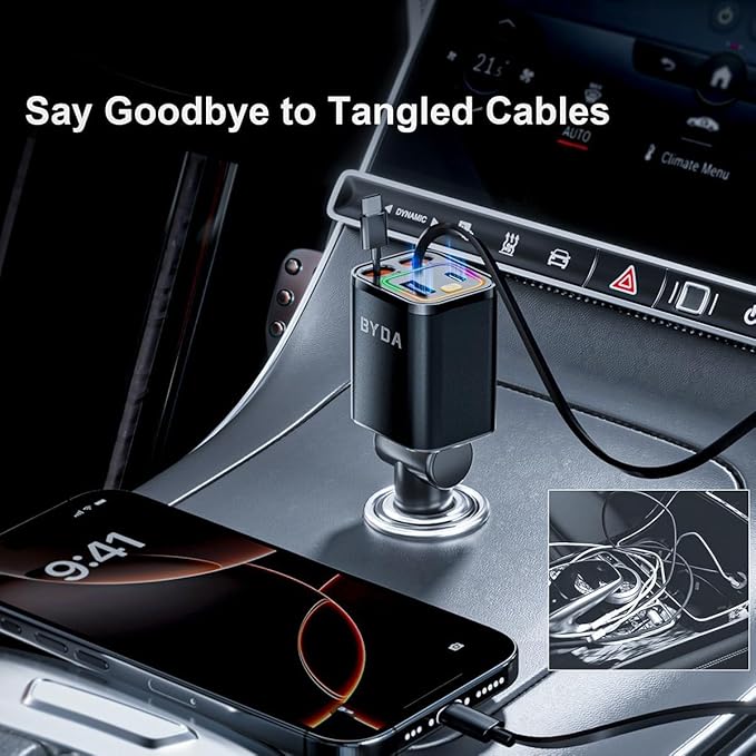 4 in 1 Retractable Car Charger,69W USB-C Fast Car Charger, for iPhone16/15/14/13/12,Cigarette Lighter Charger (Grey, Dual Type C &RGB Breathing Light)