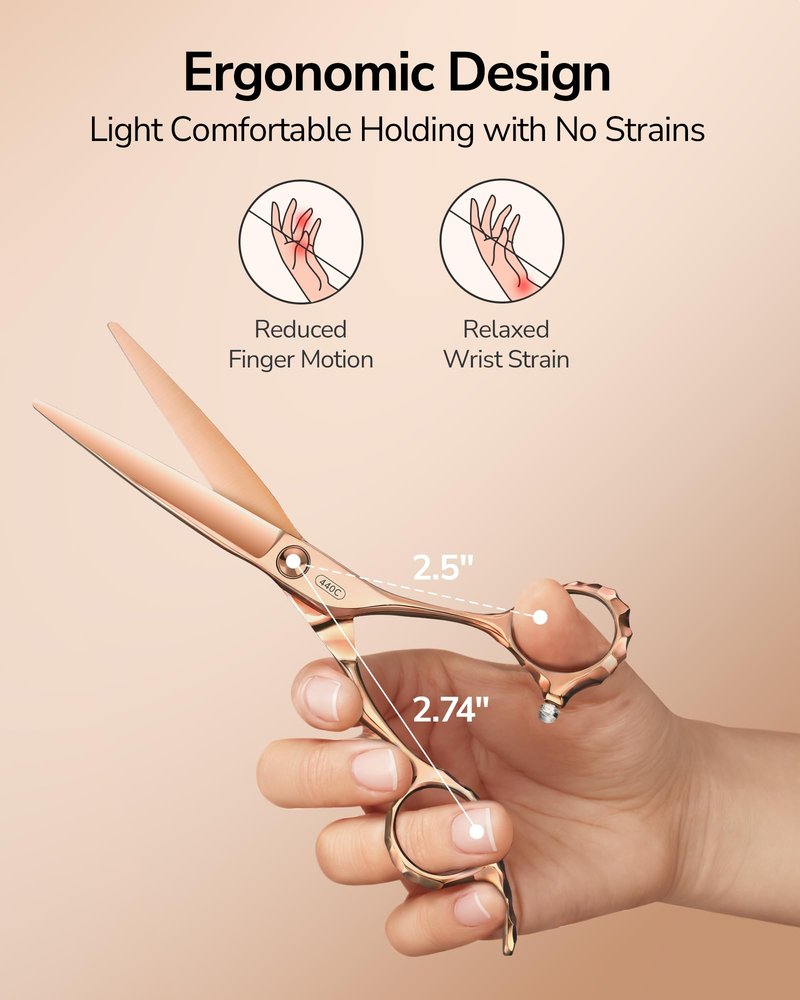ULG Professional Hair Cutting Scissors with Luxury 18K Rose Gold Finish 6.5" Barber Scissors 440C Japanese Stainless Steel Hand-Honed Razor Sharp Blades Offset Handles Tension Adjustable, Right-Handed