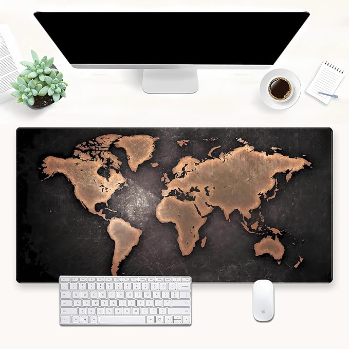 World Map Gaming Desk Pad XXL Large Mouse Pad Vintage Style Full Desk Mat Extended Keyboard Pad with Stitched Edges, Non-Slip Base (31.5" x 15.7")