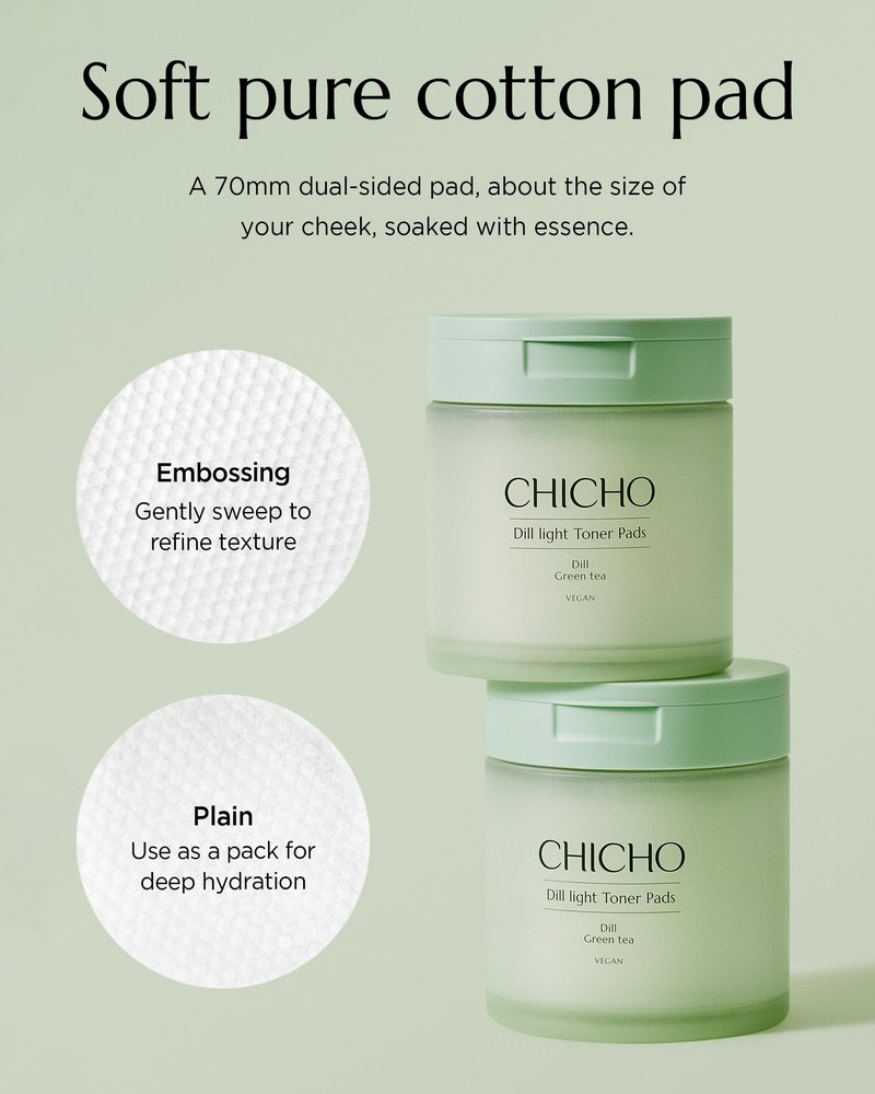 CHICHO Dill Light Toner Pads (80 Pads) – Jumbo 7cm OEKO-TEX Standard 100 Class I 100% Cotton Dual-Sided Pads for Rough Texture & Makeup Prep – 82.9% Dill Extract, Face Exfoliating and Moisturizing