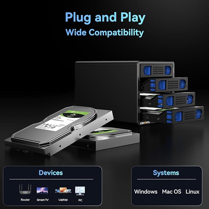 CENMATE Aluminum 4 Bay Hard Drive RAID Enclosure with Cooling Fan for 2.5/3.5" SATA HDD/SSD with USB A/C 3.0＋eSATA Cable, 3.5 Hard Drive Reader Supports 80TB Capacity, 8 RAID Modes, DAS(NO NAS)