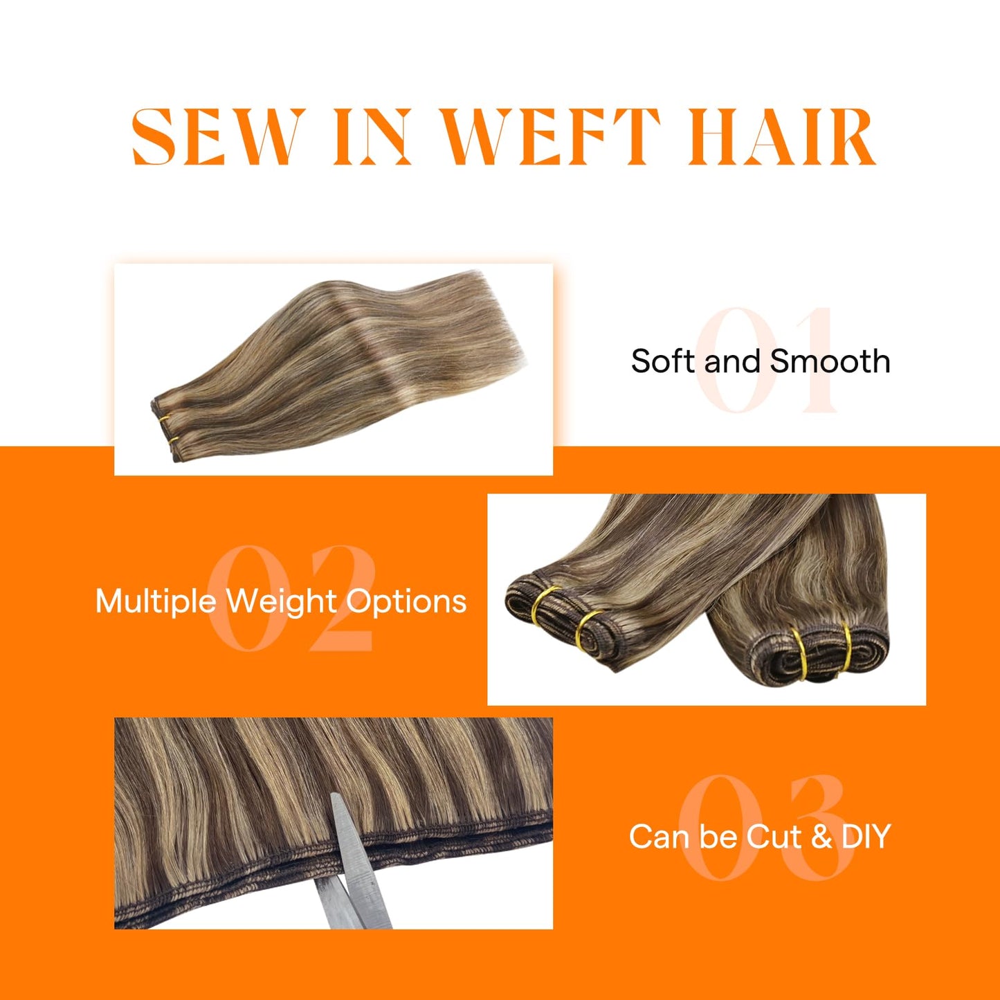 Sunny Hair Sew in Hair Extensions Real Human Hair 100G Highlights Long Hand-Tied Weft Bundles 18 Inch Dark Brown Mix Caramel Blonde Add Volume Can be Styled Natural Look