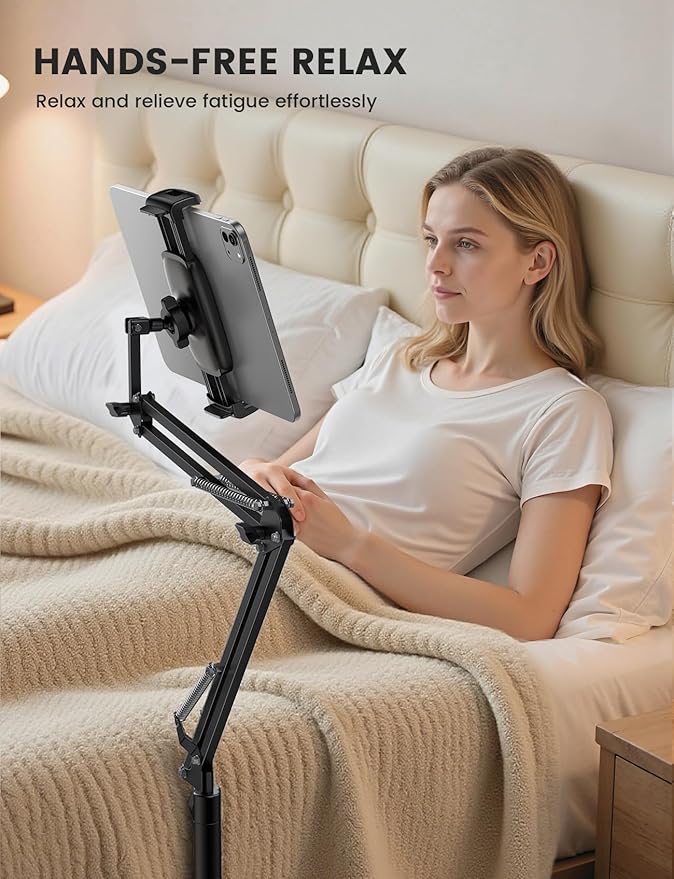 Lamicall Kindle Stand Tablet Holder - 55" Height Adjustable, Flexible Arm, Heavy Base Tablet Mount, Kindle Accessories, Universal Multi Angle Bed Phone Mount for 4.7-13" iPad Pro Air, Tabs, E-Readers