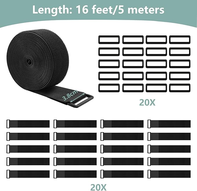 WSZJINB 1.5In x 16Ft Cinch Straps Heavy Duty With 20 Buckles, Black Nylon Hook and Loop Straps, Reusable Long Cable Ties for Organizer or Storage