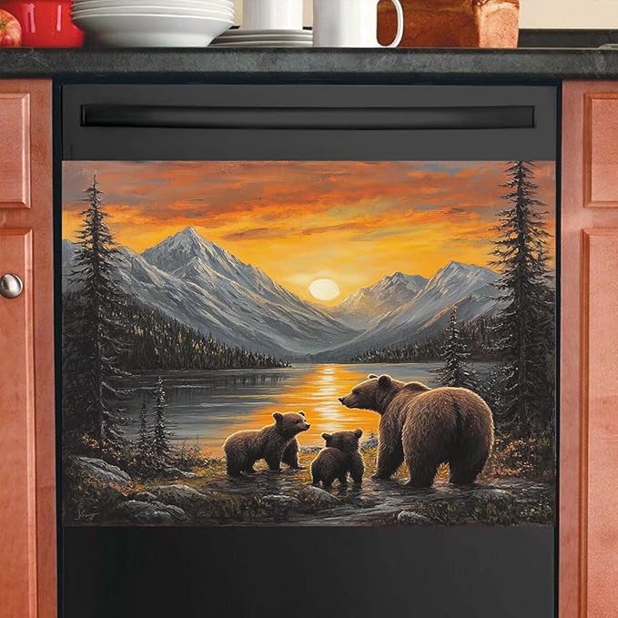 Lake Sunset Reflection Brown Bear Dishwasher Magnet Cover, Creative Kitchen Appliances Panel Decorate Refrigerator Front Door Magnets Decals 23" W x 17" H