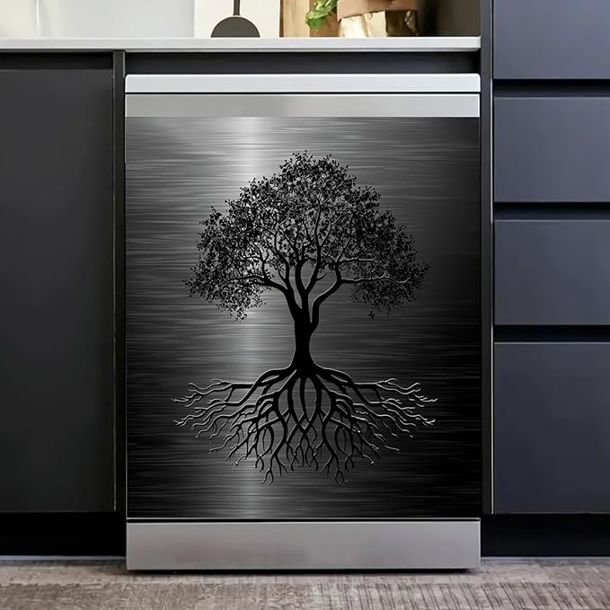Dishwasher Magnet Cover Black Tree of Life Dishwasher Cover Magnetic Sticker Brushed Stainless Steel Effect Kitchen Appliances Fashion Door Cover Magnet Decor Decal 23" x 26" Magnetic