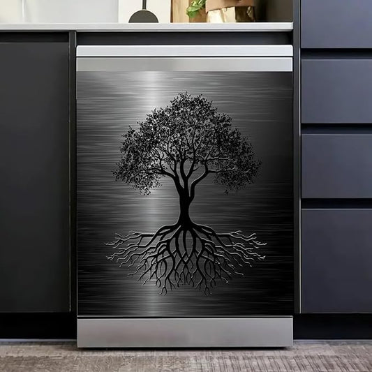 Dishwasher Magnet Cover Black Tree of Life Dishwasher Cover Magnetic Sticker Brushed Stainless Steel Effect Kitchen Appliances Fashion Door Cover Magnet Decor Decal 23" x 26" Magnetic