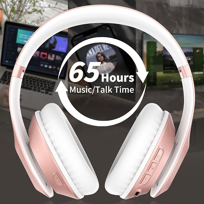 Glynzak Wireless Bluetooth Headphones Over Ear 65H Playtime HiFi Stereo Headset with Microphone and 6EQ Modes Foldable Bluetooth V6.0 Headphones for Travel Smartphone Computer Laptop Rose Gold
